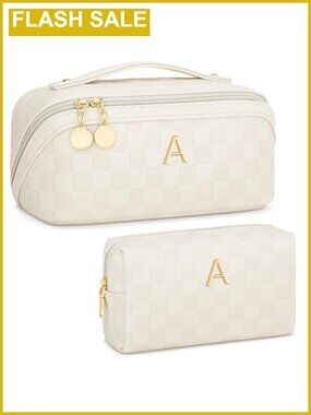 Personalized Initial Makeup Bag Set Faux Leather Travel Cosmetic Toiletry Bag